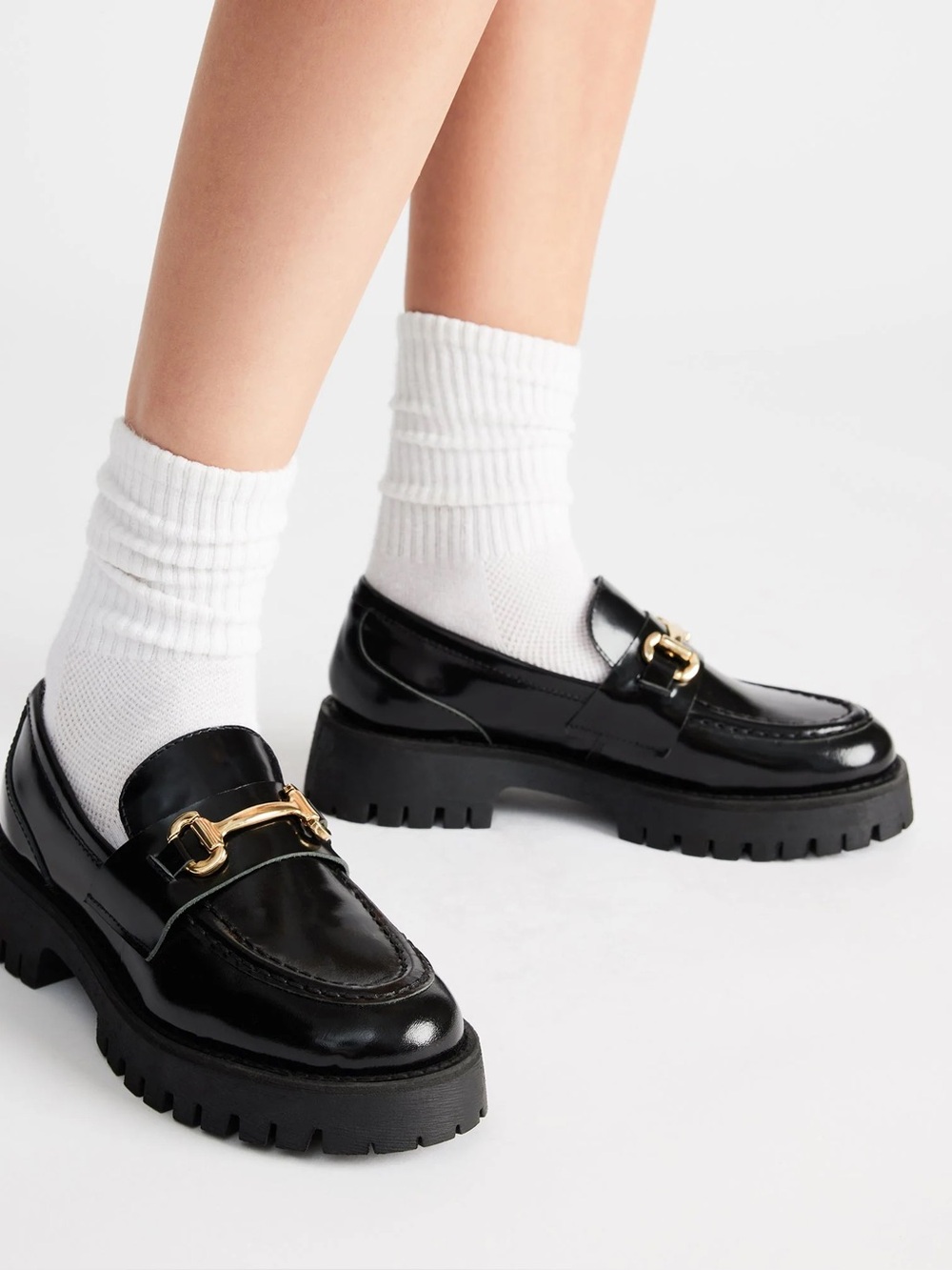 Steve Madden Lando Black Lug-Sole Penny Loafers with Metal Bit, NIB